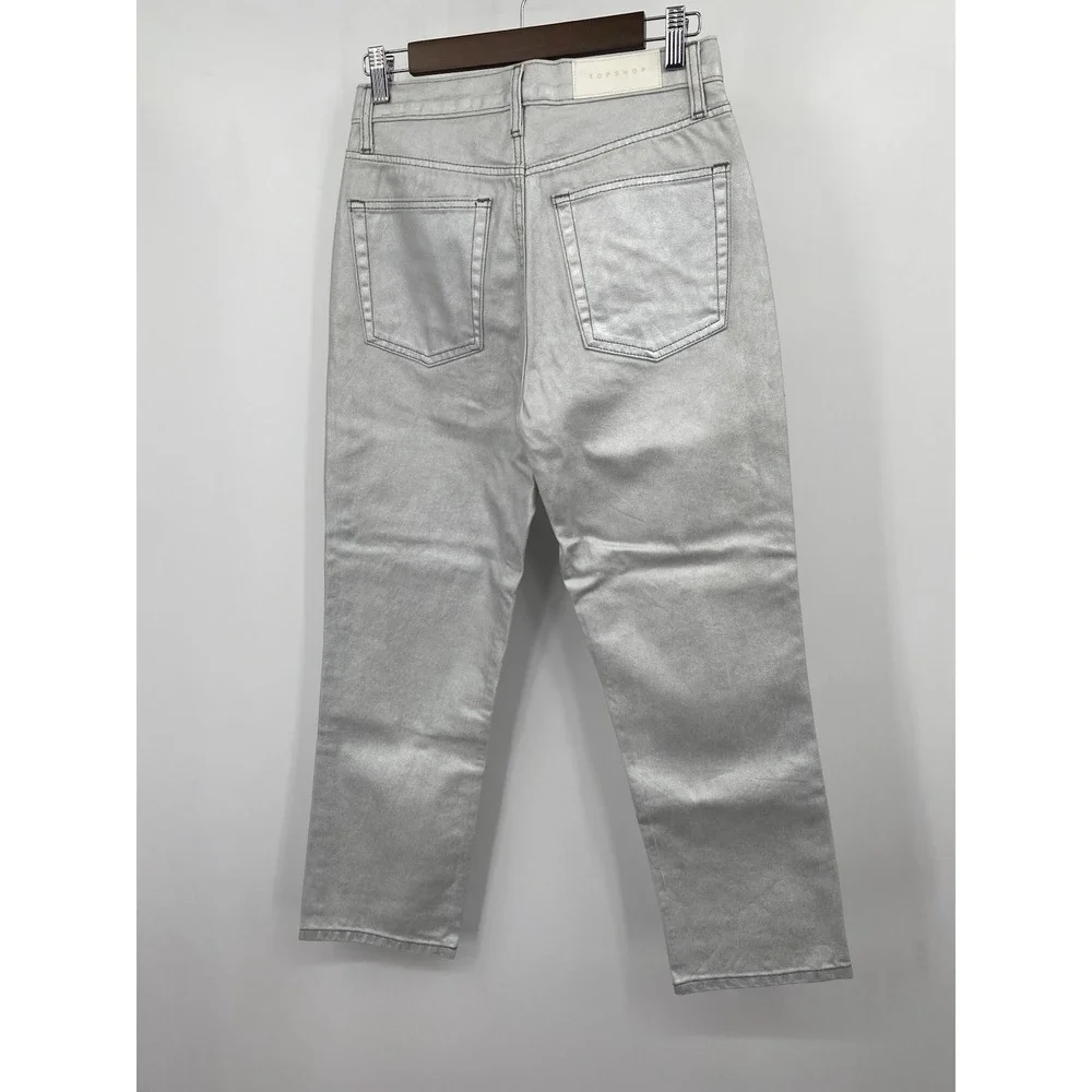NWT Metallic silver‎ sparkly denim Top-shop straight jeans Size 28x32